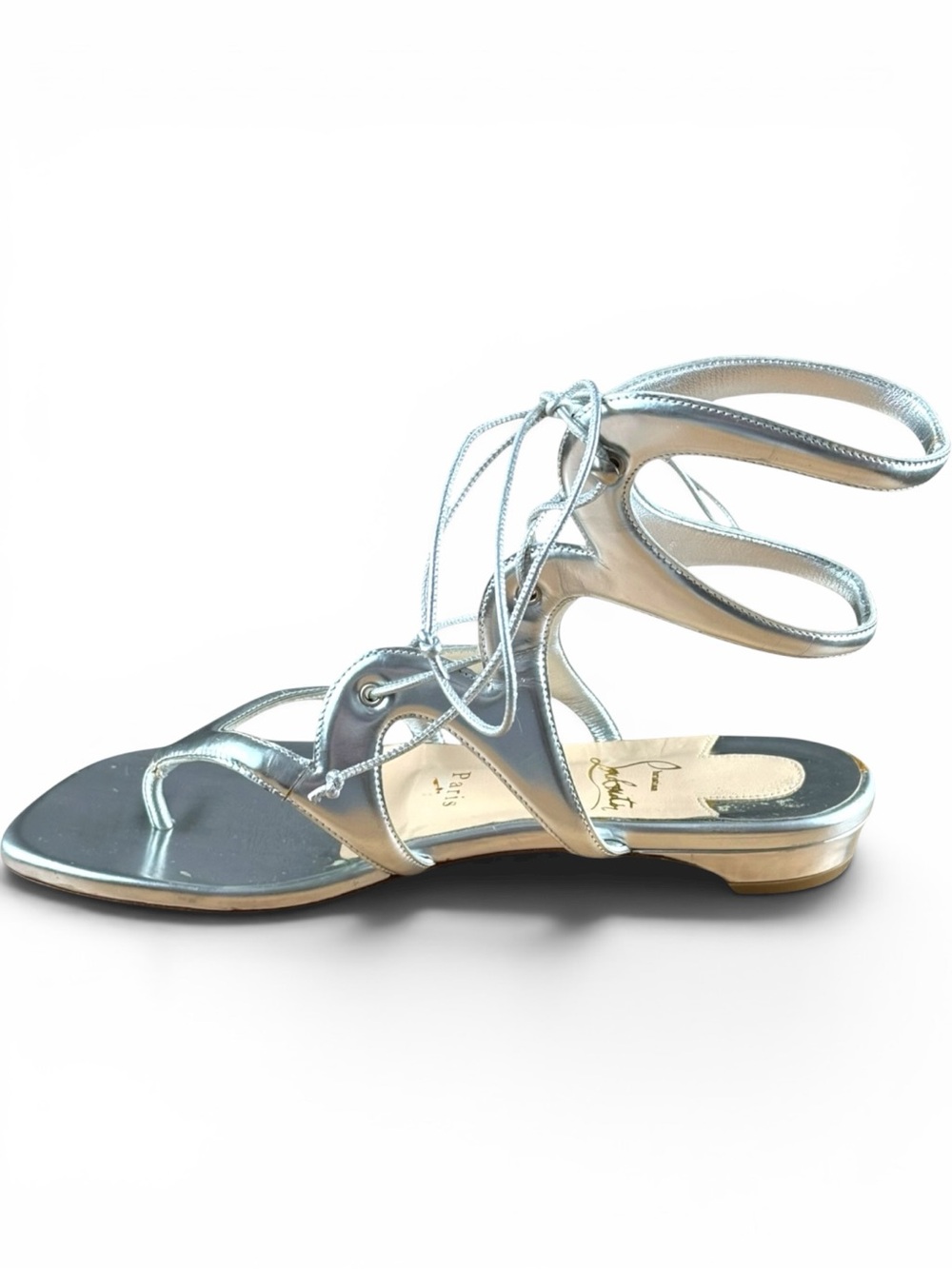 Christian Louboutin Silver Metallic Lace-Up Flat Sandals – Size 37 - Picture 6 of 11